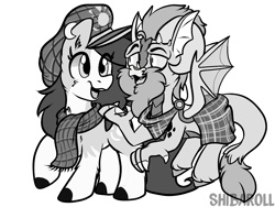 Size: 1600x1200 | Tagged: safe, artist:shibaroll, derpibooru import, oc, oc only, oc:krissthescott, oc:mad munchkin, original species, pony, doodle, duo, grayscale, illustration, monochrome, sketch