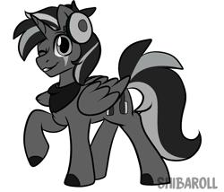 Size: 1399x1200 | Tagged: safe, artist:shibaroll, derpibooru import, oc, oc only, alicorn, pony, alicorn oc, doodle, grayscale, illustration, monochrome, simple background, sketch, white background