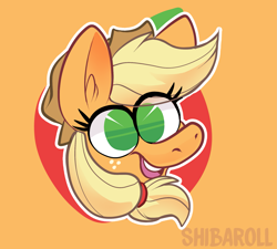 Size: 2397x2160 | Tagged: safe, artist:shibaroll, derpibooru import, applejack, earth pony, pony, apple, art, bust, ear fluff, fanart, female, food, green eyes, hat, illustration, mare, no pupils, open mouth, pacman eyes, portrait, smiling, solo