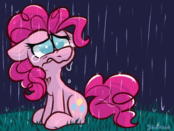 Size: 1600x1200 | Tagged: safe, artist:shibaroll, derpibooru import, pinkie pie, earth pony, pony, art, crying, female, grass, illustration, lip bite, mare, no pupils, nose wrinkle, rain, sad, solo