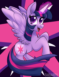 Size: 2975x3850 | Tagged: safe, artist:shibaroll, derpibooru import, twilight sparkle, twilight sparkle (alicorn), alicorn, pony, chest fluff, colored pupils, cute, cutie mark background, ear fluff, female, glowing horn, magic, mare, open mouth, solo, starry eyes, twiabetes, wingding eyes, wings