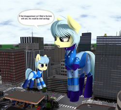 Size: 3300x3000 | Tagged: safe, artist:styroponyworks, oc, oc:ultramare, human, pony, 3d, balloon, blender, building, car, city, clothes, dialogue, female, gas station, giant pony, macro, mare, parade, people, speech bubble, wat