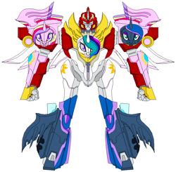 Size: 945x925 | Tagged: safe, artist:terry, princess cadance, princess celestia, princess luna, alicorn, pony, crossover, gattai, hot rod, megazord, power rangers, rodimus, super sentai, this isn't even my final form, transformers