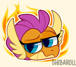 Size: 900x800 | Tagged: safe, artist:shibaroll, derpibooru import, smolder, dragon, bust, dragoness, female, fire, head only, lidded eyes, portrait, signature, smiling, smirk, solo