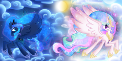 Size: 2880x1440 | Tagged: safe, artist:luminairous, princess celestia, princess luna, alicorn, pony, crown, female, horn, mare, siblings, sisters