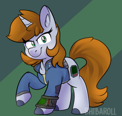 Size: 2281x2160 | Tagged: safe, artist:shibaroll, derpibooru import, oc, oc:littlepip, pony, unicorn, fallout equestria, brown mane, chest fluff, clothes, digital art, ear fluff, fallout, fanfic, fanfic art, female, green background, green eyes, hooves, horn, mare, pipbuck, raised hoof, simple background, solo, vault suit