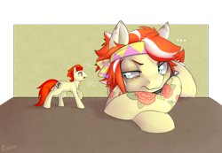 Size: 1875x1299 | Tagged: safe, artist:cokesleeve, oc, oc:red ink, oc:yamato, earth pony, pony, ..., bandit, headband, micro, tattoo