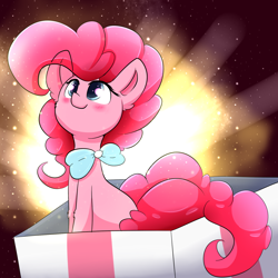 Size: 1600x1600 | Tagged: safe, artist:madacon, pinkie pie, earth pony, pony, blushing, bow, bowtie, box, cute, diapinkes, ear fluff, female, leg fluff, micro, pony in a box, present, simple background, smiling, solo, transparent background