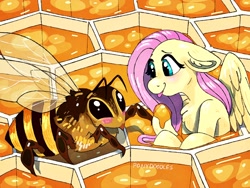 Size: 2048x1536 | Tagged: safe, artist:incendiaryboobs, fluttershy, bee, pegasus, pony, :p, beehive, blushing, chest fluff, cute, ear fluff, eye contact, female, floppy ears, fluffy, food, giant insect, honey, honeycomb (structure), looking at each other, mare, micro, shyabetes, silly, sitting, smiling, spread wings, tiny, tiny ponies, tongue out, wings