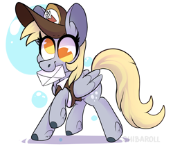 Size: 2534x2160 | Tagged: safe, artist:shibaroll, derpibooru import, derpy hooves, pegasus, pony, bubble, cap, clothes, colored hooves, cute, derp, derpabetes, ear fluff, envelope, hat, leg fluff, letter, mailmare, mouth hold, muffin, no pupils, simple background, solo, white background, wings