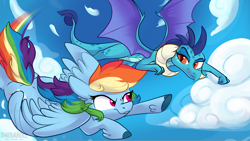 Size: 3840x2160 | Tagged: safe, artist:shibaroll, derpibooru import, princess ember, rainbow dash, dragon, pegasus, pony, cloud, colored hooves, duo, female, flying, leg fluff, racing, sky, spread wings, wings