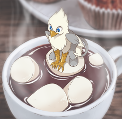 Size: 1266x1234 | Tagged: safe, artist:arctic-fox, oc, oc only, oc:der, griffon, chocolate, food, hot chocolate, male, marshmallow, micro, solo, steam