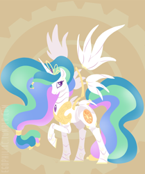 Size: 820x983 | Tagged: safe, artist:egophiliac, princess celestia, alicorn, pony, robot, robot pony, abstract background, alternate hairstyle, colored pupils, cute, cutelestia, female, floating wings, jewelry, looking back, mare, pose, raised hoof, smiling, solo, spread wings, tiara, wings