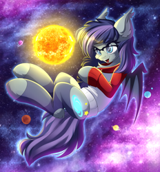 Size: 4773x5142 | Tagged: safe, artist:airiniblock, oc, oc only, bat pony, pony, absurd resolution, bat pony oc, commission, female, giant pony, glasses, macro, mare, open mouth, pony bigger than a planet, rcf community, solo, space, sun