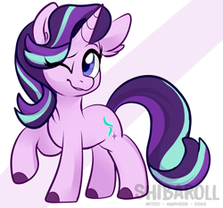 Size: 2319x2158 | Tagged: safe, artist:shibaroll, derpibooru import, starlight glimmer, pony, unicorn, abstract background, chest fluff, colored hooves, cute, ear fluff, female, glimmerbetes, high res, mare, newbie artist training grounds, one eye closed, raised hoof, smiling, solo, wink