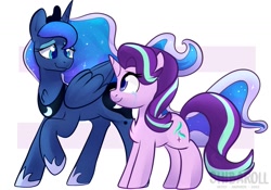 Size: 1200x839 | Tagged: safe, artist:shibaroll, derpibooru import, princess luna, starlight glimmer, alicorn, pony, unicorn, abstract background, chest fluff, crying, cute, duo, female, looking at each other, mare, newbie artist training grounds, smiling, wings