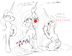 Size: 1350x1050 | Tagged: safe, artist:zev, princess celestia, princess luna, queen chrysalis, alicorn, changeling, changeling queen, pony, annoyed, christmas, christmas changeling, sitting