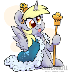 Size: 1280x1357 | Tagged: safe, artist:shibaroll, derpibooru import, derpy hooves, alicorn, pony, :p, alicornified, atg 2019, best princess, chest fluff, cloak, clothes, crown, cute, derpabetes, derpicorn, horn, jewelry, muffin queen, newbie artist training grounds, princess derpy, race swap, regalia, scepter, silly, silly pony, simple background, solo, tongue out, white background, wings