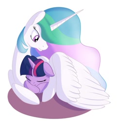 Size: 1200x1223 | Tagged: safe, artist:postscripting, princess celestia, twilight sparkle, alicorn, pony, cuddling, cute, cutelestia, momlestia, sleeping, twiabetes, wing blanket