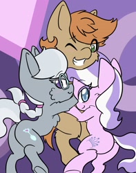 Size: 1460x1850 | Tagged: safe, artist:larrykitty, diamond tiara, silver spoon, oc, earth pony, pony, blushing, butt, canon x oc, colt, female, filly, glasses, hug, male, missing accessory, plot, shipping