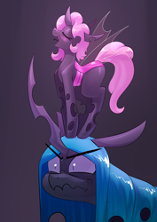 Size: 2480x3508 | Tagged: safe, artist:underpable, queen chrysalis, oc, changeling, changeling queen, angry, blushing, changeling oc, changeling queen oc, commission, cross-popping veins, cute, cuteling, dawwww, duo, duo female, eyes closed, female, frown, glare, gradient background, gray background, high res, micro, ocbetes, open mouth, pink changeling, profile, simple background, singing, smiling, spotlight, tongue out, wavy mouth, wide eyes