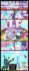 Size: 900x2200 | Tagged: safe, artist:mlp-silver-quill, amethyst star, blue moon (g4), caramel, chocolate sun, cloudchaser, comet tail, discord, fancypants, photo finish, pinkie pie, princess cadance, princess celestia, queen chrysalis, royal ribbon, shining armor, twilight sparkle, unicorn twilight, alicorn, changeling, changeling queen, crystal pony, earth pony, pony, unicorn, bipedal, blue moon, bug zapper, bugs doing bug things, comic, crystal castle, crystal empire, crystallized, ethereal mane, female, human pose, male, mare, smile song, stallion, wreck-it ralph