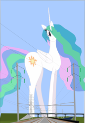 Size: 2113x3063 | Tagged: safe, artist:oceanrailroader, princess celestia, alicorn, pony, giant pony, giantlestia, macro, solo, train tracks