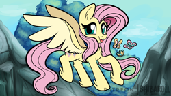 Size: 3840x2160 | Tagged: safe, artist:shibaroll, derpibooru import, fluttershy, butterfly, pegasus, pony, chest fluff, cute, ear fluff, female, flutters, leg fluff, looking at you, mare, open mouth, outdoors, rock, shyabetes, sky, smiling, solo, spread wings, three quarter view, tree, two toned wings, wings