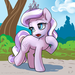 Size: 1500x1500 | Tagged: safe, artist:kp-shadowsquirrel, diamond tiara, earth pony, pony, accessory, female, filly, open mouth, raised hoof, solo, solo female, tiara