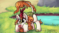 Size: 3840x2160 | Tagged: safe, artist:shibaroll, derpibooru import, autumn blaze, kirin, :p, awwtumn blaze, cheek squish, cute, female, pond, quadrupedal, smiling, solo, squishy cheeks, tongue out, water