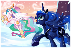 Size: 1485x1000 | Tagged: safe, artist:centchi, princess celestia, princess luna, alicorn, pony, duo, snow, snowball, snowball fight, snowfall