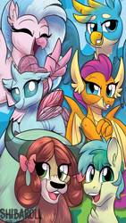 Size: 540x960 | Tagged: safe, artist:shibaroll, derpibooru import, gallus, ocellus, sandbar, silverstream, smolder, yona, changedling, changeling, classical hippogriff, dragon, earth pony, griffon, hippogriff, pony, yak, bow, cloven hooves, colored hooves, cute, diaocelles, diastreamies, dragoness, female, gallabetes, hair bow, happy, jewelry, male, monkey swings, necklace, open mouth, peace sign, sandabetes, smiling, smolderbetes, student six, teenaged dragon, teenager, yonadorable