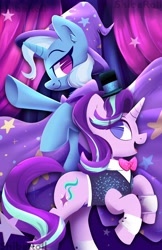 Size: 2650x4096 | Tagged: safe, artist:shibaroll, derpibooru import, starlight glimmer, trixie, pony, unicorn, assistant, bowtie, cuffs (clothes), female, hat, magic show, mare, no pupils, rearing, top hat