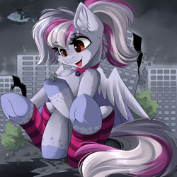 Size: 4444x4444 | Tagged: safe, artist:airiniblock, oc, oc only, oc:windbreaker, human, pegasus, pony, absurd resolution, building, city, clothes, collar, commission, crush fetish, destruction, earthquake, female, fetish, giant pony, helicopter, leg warmers, macro, people, rcf community, size difference, solo focus, tree, underhoof