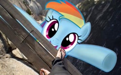 Size: 403x250 | Tagged: safe, rainbow dash, human, pony, bridge, falling, irl, legs, macro, photo, ponies in real life, rock, this will end in vore