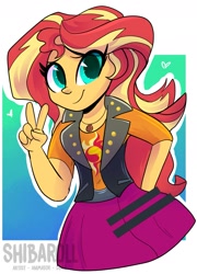 Size: 1431x1984 | Tagged: safe, artist:shibaroll, derpibooru import, sunset shimmer, equestria girls, equestria girls series, abstract background, cute, female, geode of empathy, heart, looking at you, magical geodes, peace sign, shimmerbetes, solo