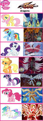 Size: 463x1295 | Tagged: safe, applejack, fluttershy, pinkie pie, princess celestia, rainbow dash, rarity, twilight sparkle, alicorn, earth pony, pegasus, pony, unicorn, ancient fairy dragon, black feather dragon, black rose dragon, comparison chart, crimson dragon, life stream dragon, red dragon archfiend, stardust dragon, yu-gi-oh!, yu-gi-oh! 5d's