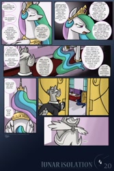 Size: 1275x1911 | Tagged: safe, artist:dracojayproduct, princess celestia, oc, oc:reginald, alicorn, pony, comic:lunar isolation, comic