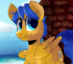 Size: 2461x2160 | Tagged: safe, artist:shibaroll, derpibooru import, oc, oc:crushingvictory, pegasus, pony, chest fluff, cliff, folded wings, ocean, smiling, solo, wave, wings