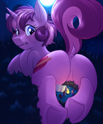 Size: 3322x4000 | Tagged: safe, artist:sugaryviolet, oc, oc only, oc:altus bastion, oc:star bright, oc:sugary violet, pony, campfire, camping, dock, dock fluff, featureless crotch, giant pony, looking back, macro, night, plot, size difference, tent, underhoof