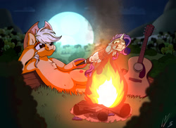 Size: 1920x1397 | Tagged: safe, artist:lupiarts, artist:snoopystallion, applejack, rarity, earth pony, pony, unicorn, collaboration, apple tree, belly button, campfire, comic sins, cooked alive, cooking, cowboy hat, female, fender, floppy ears, food, frog (hoof), guitar, hat, hoof hold, horse meat, imminent death, imminent vore, implied cannibalism, marshmallow, meat, micro, moon, night, pony as food, rarity is a marshmallow, relaxed, roasting, rope, stetson, sweet apple acres, this will end in death, this will not end well, tree, underhoof