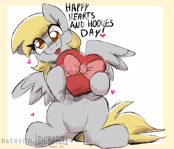 Size: 2475x2115 | Tagged: safe, artist:shibaroll, derpibooru import, derpy hooves, pegasus, pony, :p, bow, cute, derpabetes, female, heart, high res, holiday, looking at you, mare, sitting, solo, tongue out, valentine's day