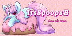 Size: 1800x900 | Tagged: safe, artist:shibaroll, derpibooru import, oc, oc:scoops, donut, food