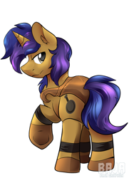 Size: 2160x2986 | Tagged: safe, artist:bajagryphon, artist:shibaroll, derpibooru import, oc, oc:lunar spice, unicorn, fallout equestria, foe adventures, leather armor, looking over shoulder, male, simple background, stallion, watermark