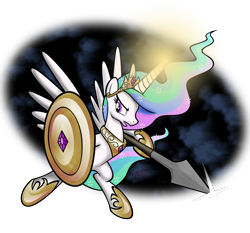 Size: 2208x2060 | Tagged: safe, artist:omegasunburst, princess celestia, alicorn, pony, magic, shield, solo, spear, warrior celestia, weapon