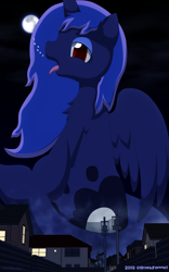 Size: 2500x4000 | Tagged: safe, artist:rockfannel, princess luna, alicorn, pony, building, full moon, giant pony, house, macro, moon, neighborhood, night, open mouth, tail, tongue out