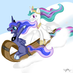 Size: 1000x1000 | Tagged: safe, artist:sapphierwolf, princess celestia, princess luna, alicorn, pony, sled, snow