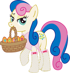 Size: 1835x1902 | Tagged: safe, artist:leopurofriki, bon bon, sweetie drops, earth pony, pony, basket, clothes, cutie mark, female, fishnet stockings, hooves, looking at you, mare, mouth hold, simple background, socks, solo, stockings, transparent background