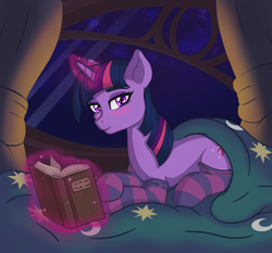 Size: 1600x1494 | Tagged: safe, artist:nathayro37, twilight sparkle, unicorn twilight, pony, unicorn, bed, blushing, book, clothes, female, glowing horn, horn, magic, mare, socks, solo, striped socks, telekinesis