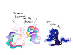 Size: 600x450 | Tagged: safe, princess celestia, princess luna, alicorn, pony, do you like bananas?, female, friendship is magic bitch, mare, raised hoof, royal sisters, simple background, trollestia, vulgar